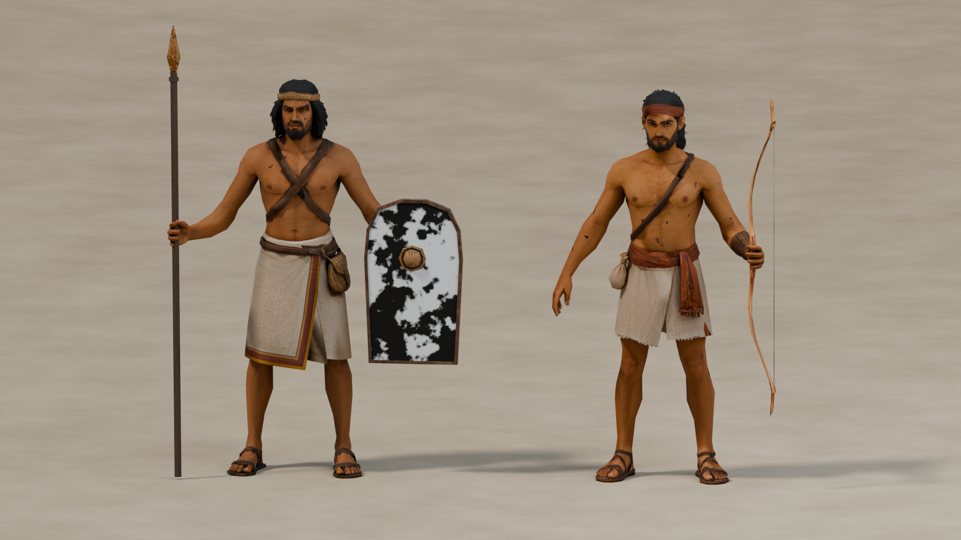 Eastern Desert Raider spearman and archer, shown with their project equipment.