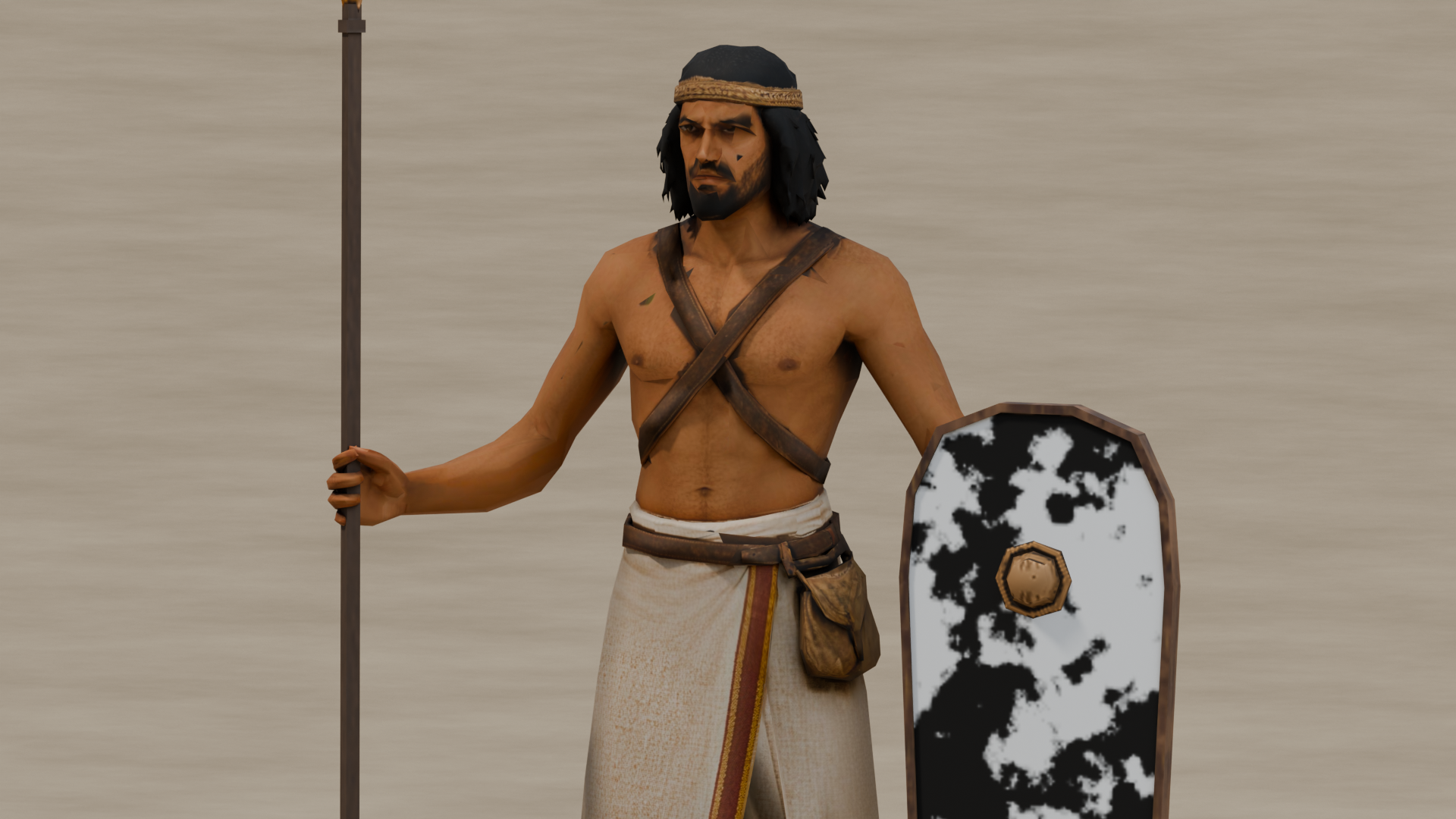 Eastern Desert Raider spearman detail, showing the face, clothing, shield and closed spear grip.