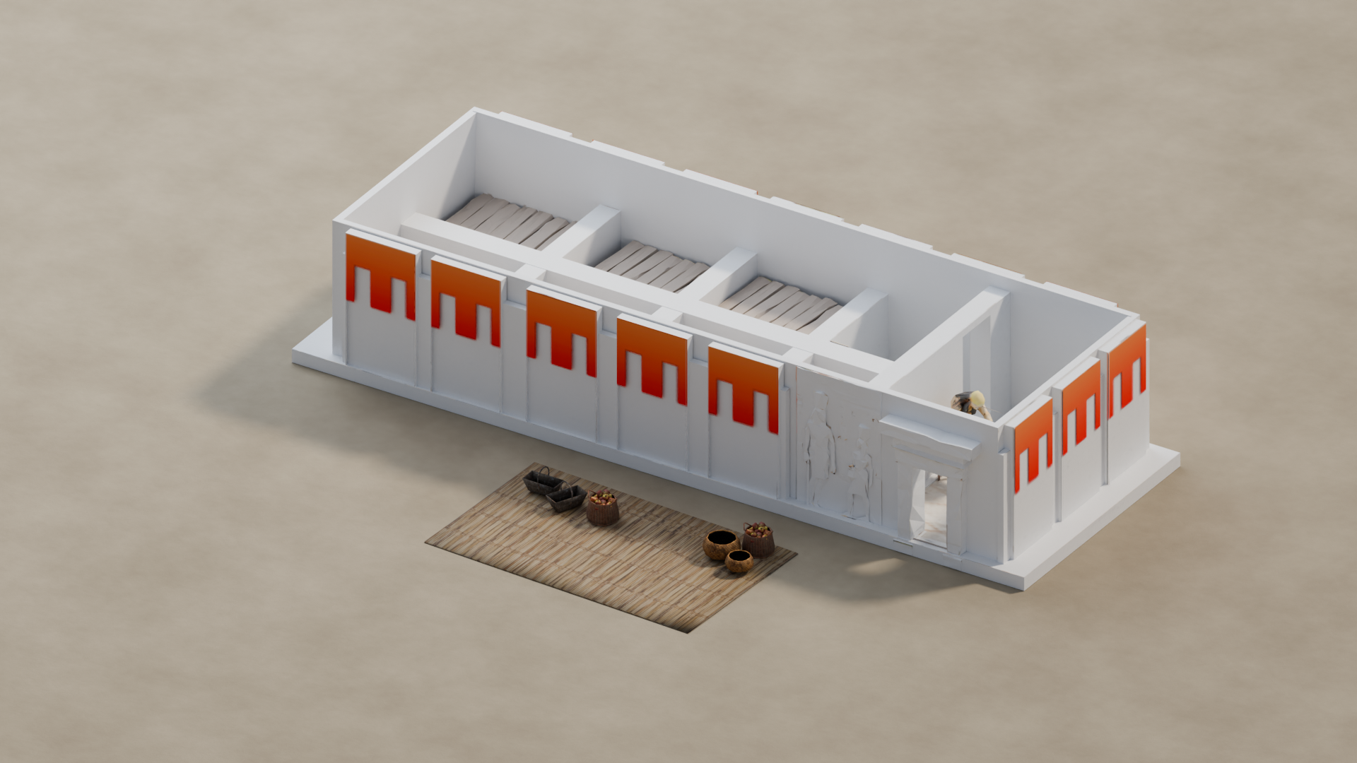 Granary architecture study. Food props are shown in detail below.
