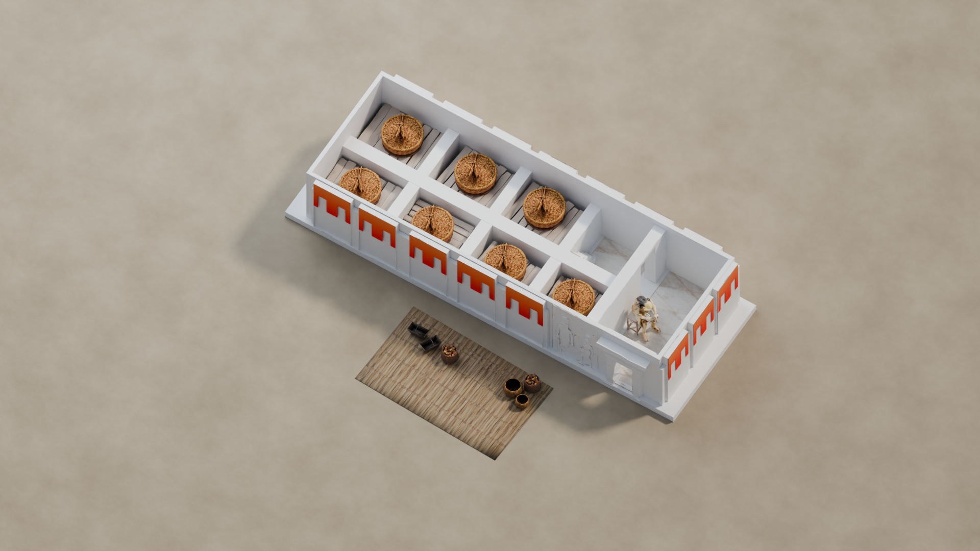 Full grain granary with all seven display bays occupied.